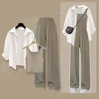 2026 Summer New Fashion Tracksuit Matching Set Women's Elegant White Sunscreen Shirt+Vest+Casual Wide Leg Pants 3-Piece Suit