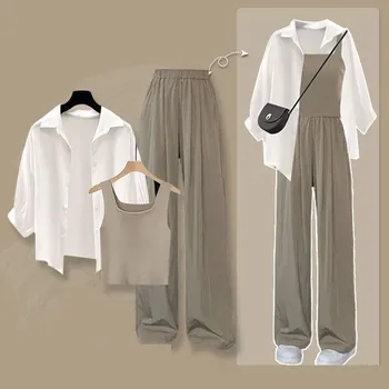 2026 Summer New Fashion Tracksuit Matching Set Women's Elegant White Sunscreen Shirt+Vest+Casual Wide Leg Pants 3-Piece Suit 1