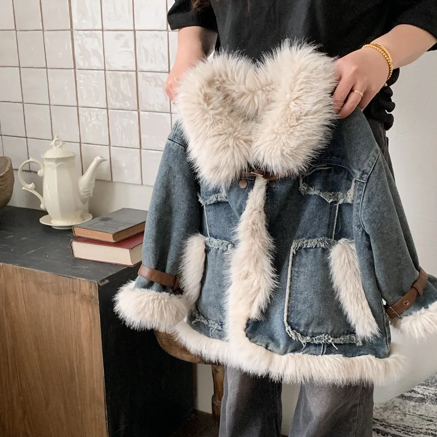 

2023 Winter Girls Fashion Thick Warm Single Fleece Jeans Jacket Baby Kids Children Denim Coat Outerwear