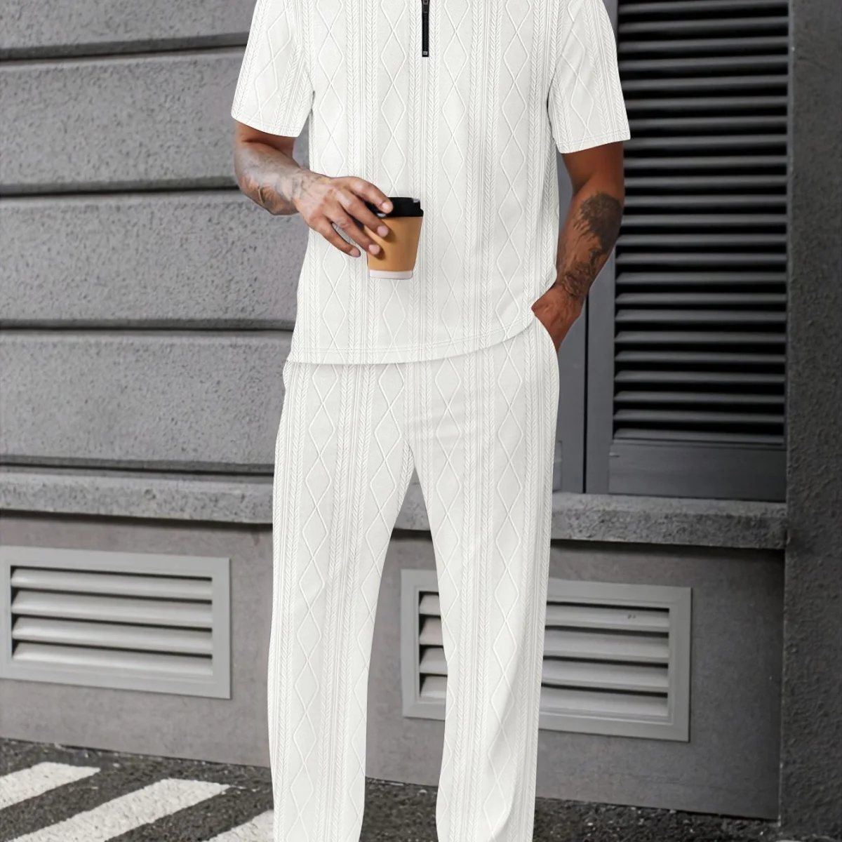 قميص بولو عصري للرجال - طقم مكون من قطعتين من قماش الجاكار الماسي بلون سادة للربيع والخريف