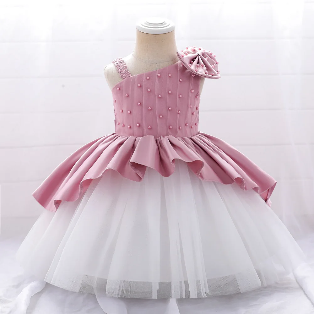 

2023 Infant Baby Baptism Dress For Girls Kids Wedding Party Dresses Bow Beaded Tulle Christening Gown Birthday Children Clothes