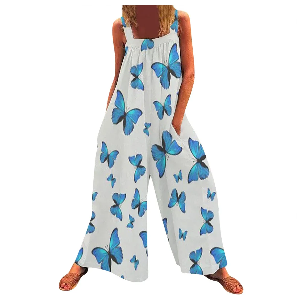 Women's Jumpsuit Summer New Casual Fashion Sleeveless Square Neck Printed Loose Fitting Long Strap Wide Leg Pants