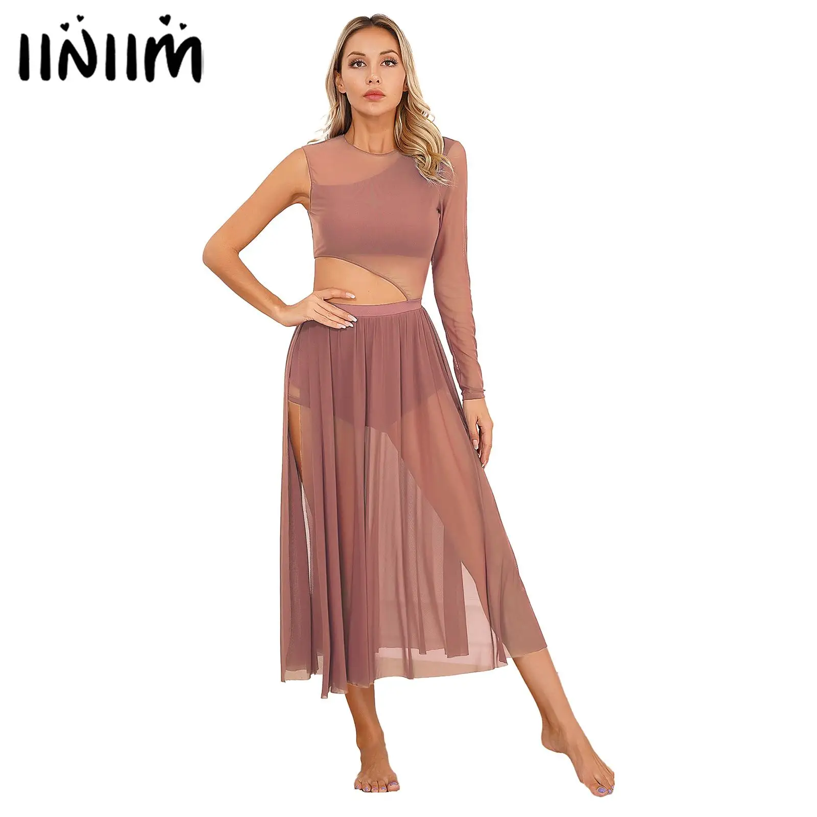 

Womens Gymnastics Modern Ballet Lyrical Dance Performance Costume Dress Side Split Sheer Mesh Figure Skating Dresses Dancewear