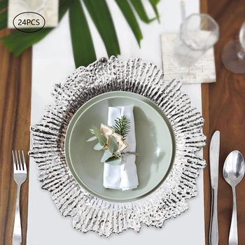 Luxury 24-Piece Gold & Silver Charger Plates Set – Coral Texture, Anti-Slip, Stackable, Dishwasher Safe for Weddings & Event 1