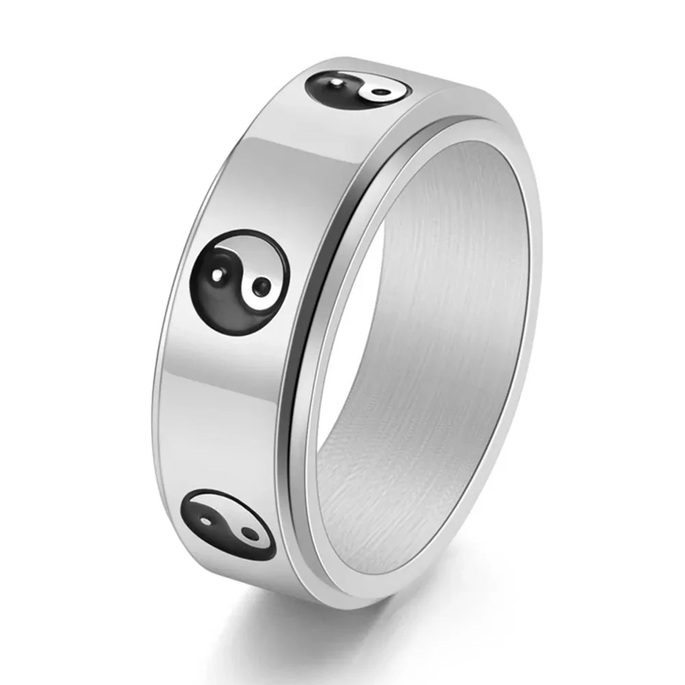 Titanium steel black and white Yin Yang Bagua rotatable ring personalized men's Tai Chi symbol rings 5