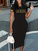 Ladies' summer GUEESS Los Angeles letter pattern printed round neck short sleeved casual slim fit sexy fashion dress