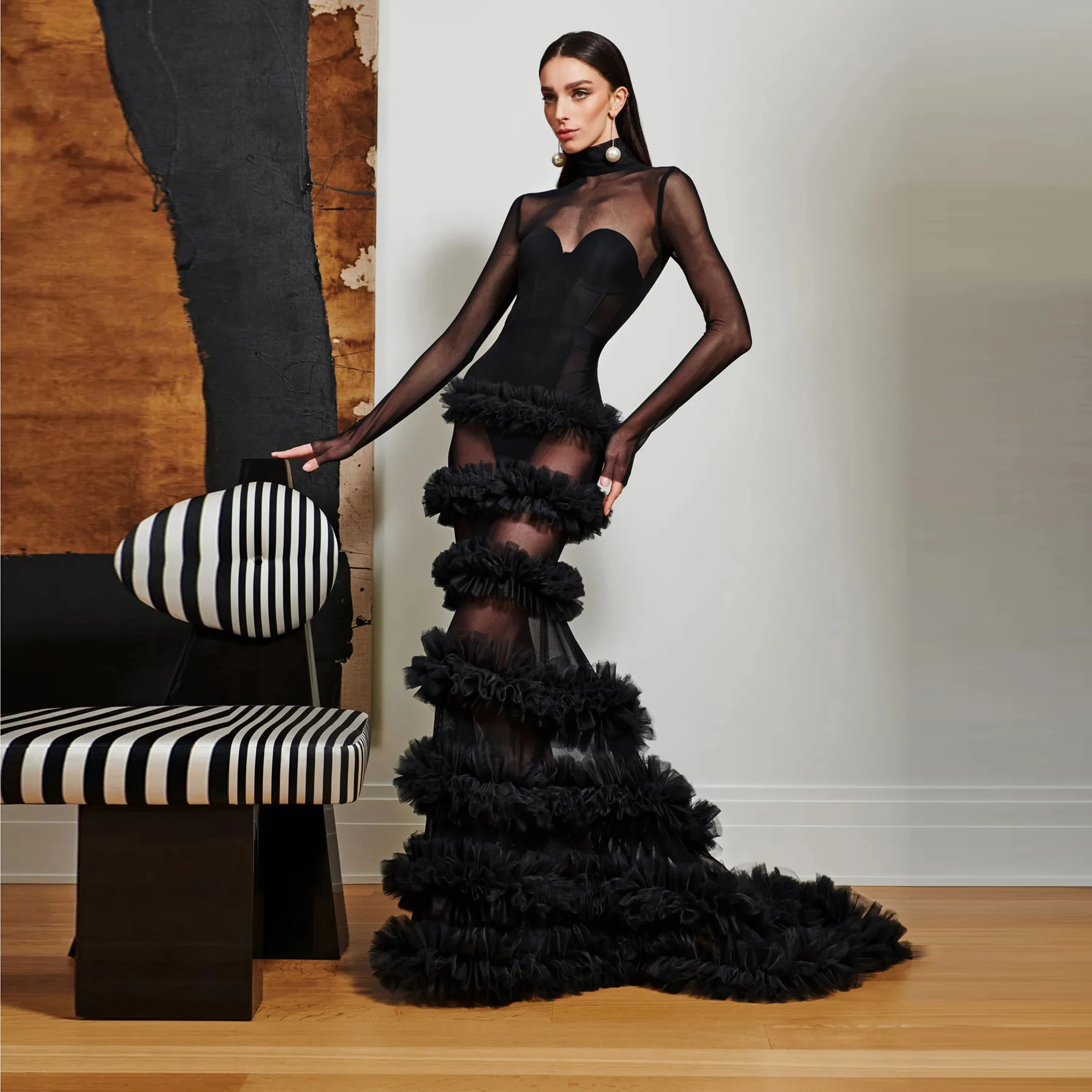 

Женское длинное платье-русалка, Черное Платье макси с длинным рукавом и высоким воротником, вечернее платье с пышными многоярусными фатиновыми нарядами