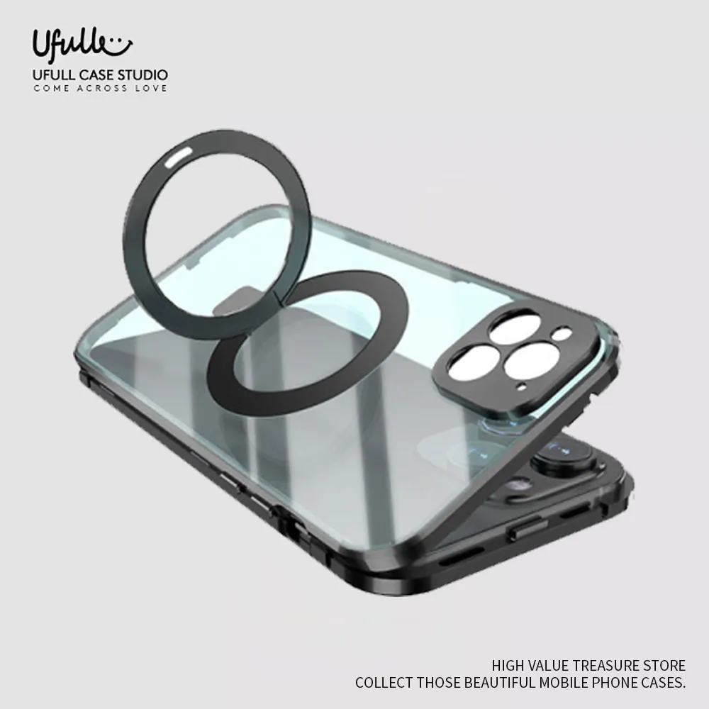 

Glass Magnetic Metal Border Bracket Phone Case For iPhone 13 14 12 Pro Max 14Plus Samsung S22 S23Pro Ultra Wireless Charge Cover