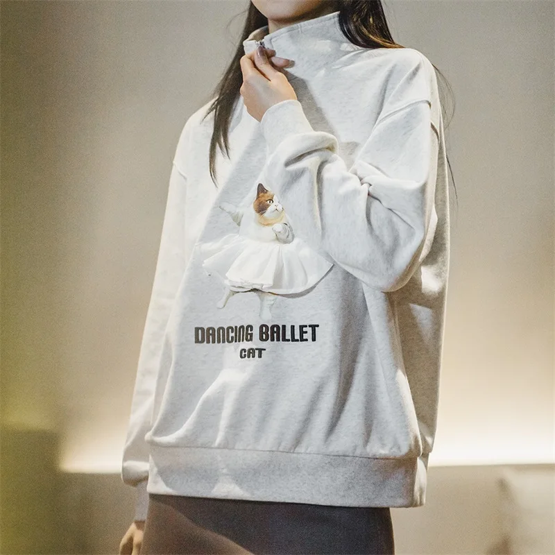 Maden Printed Cartoon Sweatshirts for Women Stand Collar Casual Loose Top Gray Long Sleeve Pullover Light Gray Sweatshirt