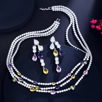 Shiny Colorful Cubic Zirconia 3 Rows Multi Layer Bridal Wedding Choker Necklace Earrings Jewelry Set for Women TZ784 4