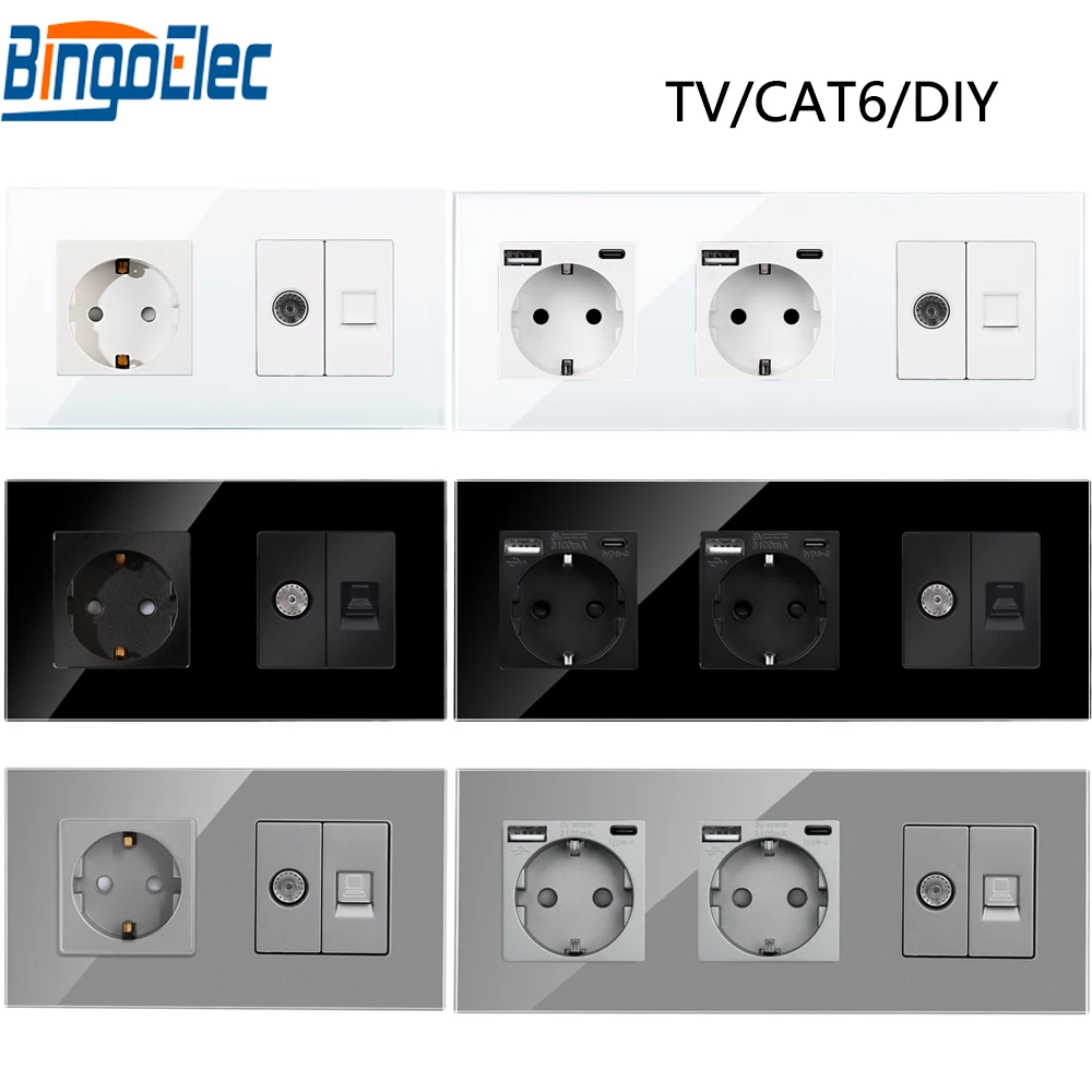 Bingoelec Presa Ue Con Tv/Cat6 Doppio Tipo-C Prese Elettriche Usb Tv Sostituibile Internet Rj45 Connessioni Pc Telaio In Vetro
