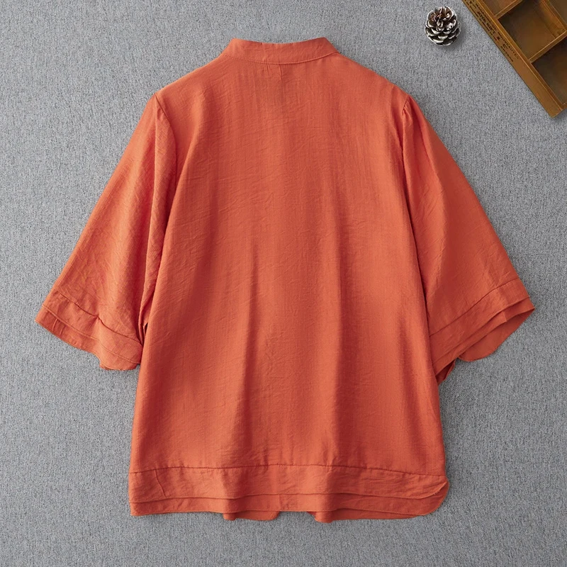 2024 New Retro Embroidery Summer Cotton and Hemp Thin Women's Round Neck Fashion Style Short Sleeve Loose Button Shirt Tops