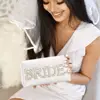 Bride Makeup Bag Cosmetic Bag PU Leather Toiletry Bag Pearl Rhinestone Letter Patches Bling Bride Gifts Zipper Purse Travel Orga 2