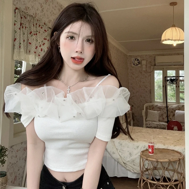 

2023 Spring New Women's T-shirt Sweet Fashionable Style Versatile Ruffle Edge Panel V-neck Short Sleeve Slim Free Shipping
