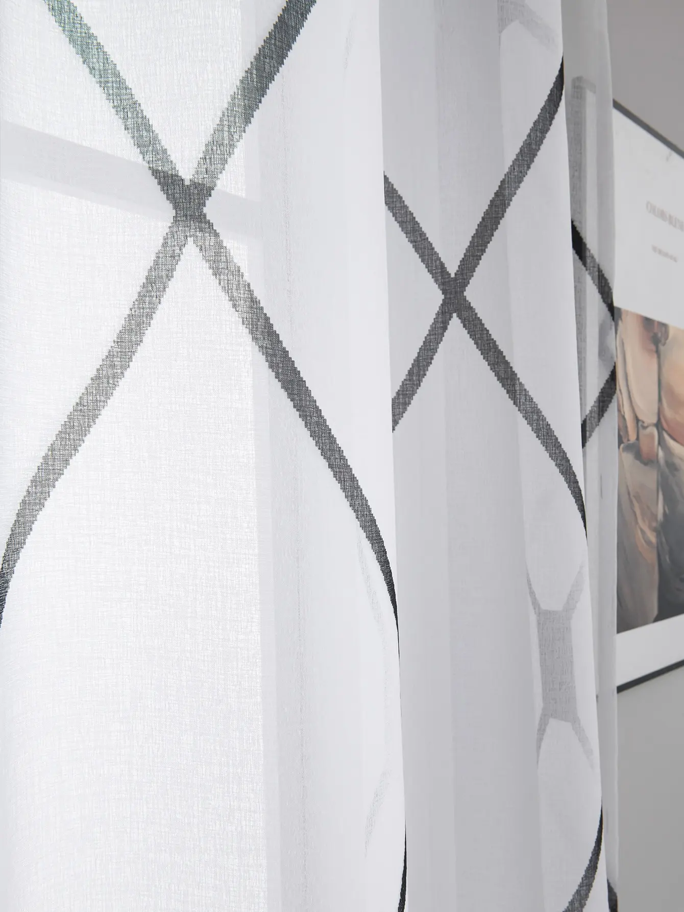 Moroccan printed Trellis White Sheer Curtains 1 Panels, Damask Textured Rod Pocket Voile Tulle Semi  Drapes,door curtains 4