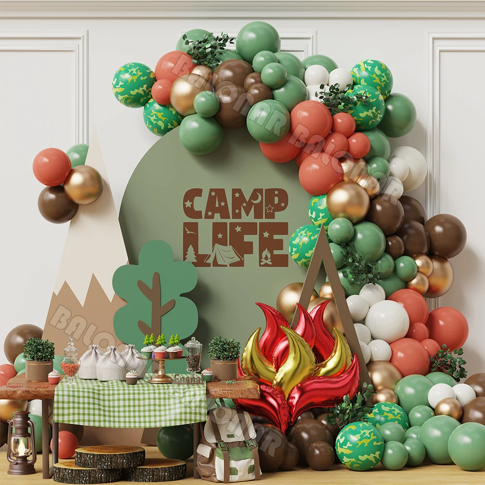 

125pcs Camping Balloon Garland Kit Sage Green Brown Camouflage Balloons with Campfire for Happy Camper Woodland Party Decoration
