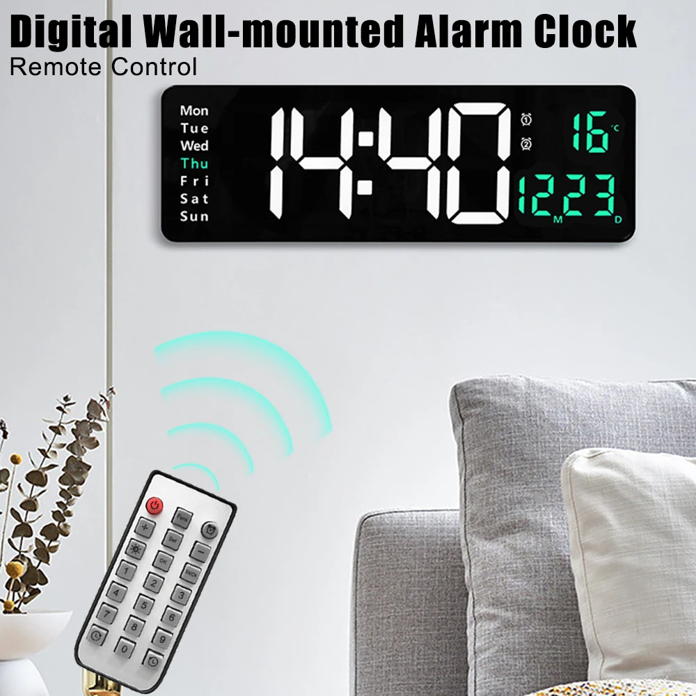 

Memory Remote Control Table Wall-mounted Dual Alarms Clocks LED Digital Wall Clock Electronic Temperature Date Week Display
