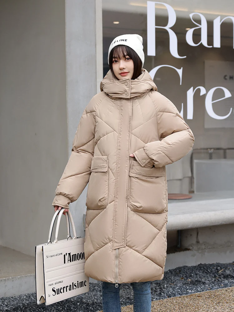 

2023 Winter Snow Wear Long Coat Women Down Jacket Warm Casual Loose Solid Hooded Female White Black Thicken Jacket Long Parka