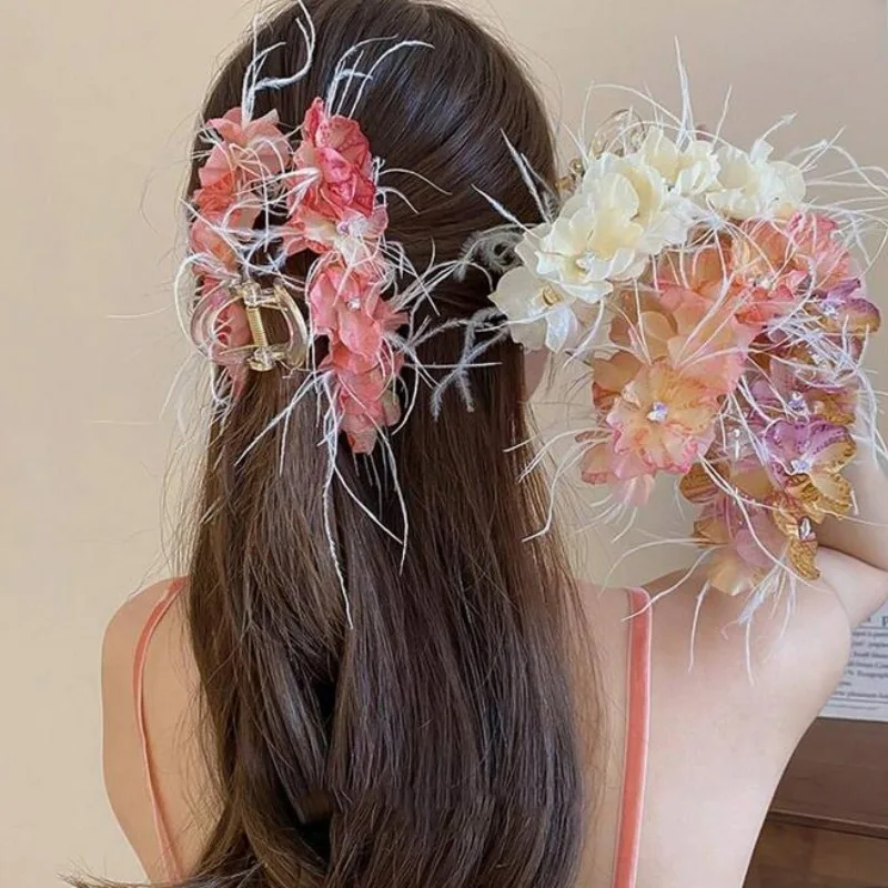 1pc Feather Flower Hair Claw Sweet Fairy Style Hair Accessory For Daily Wear For Forest Girls Spring Summer Fashion Headwear