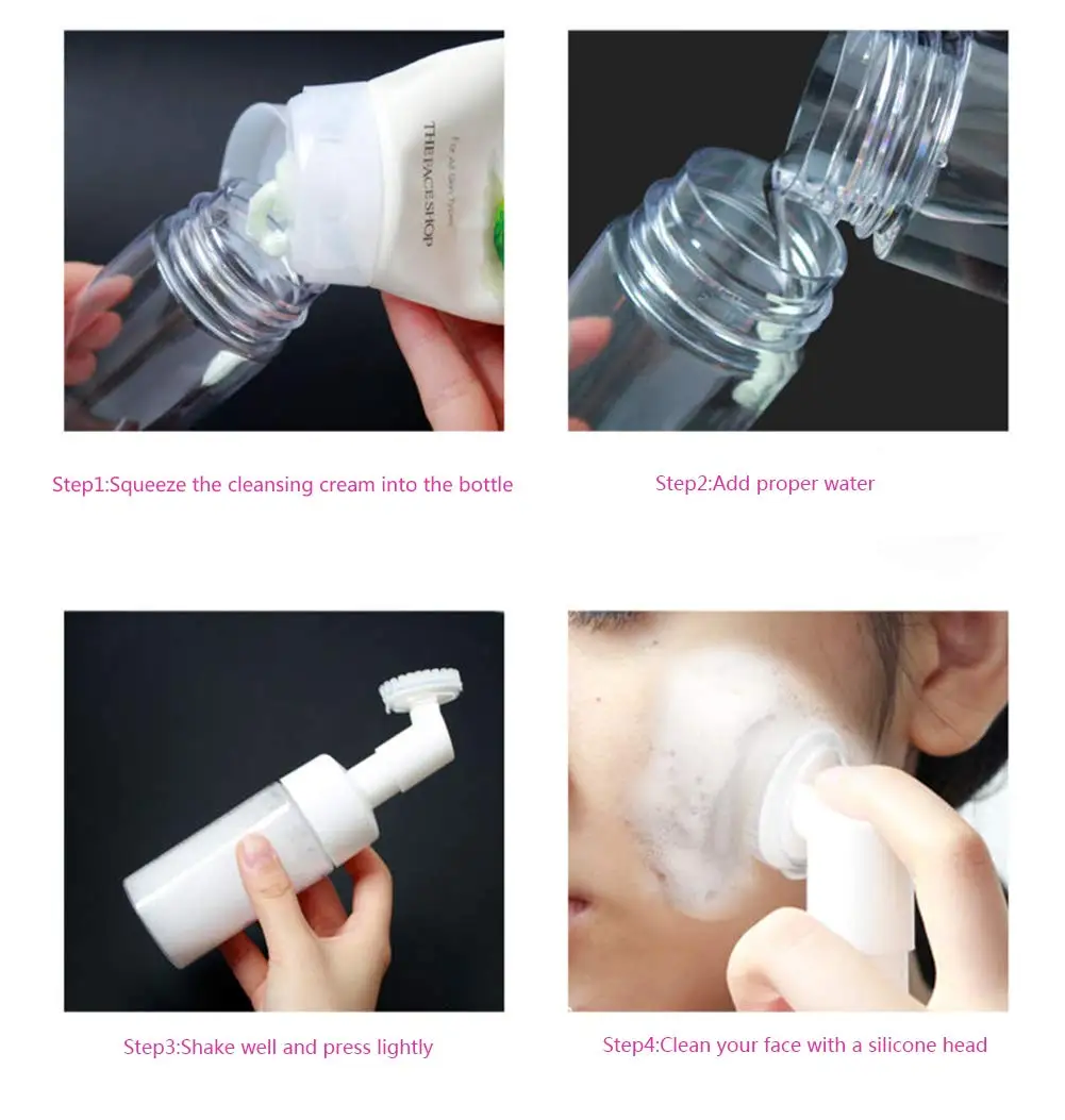 100ml-250ml 페이셜 클렌저 무스 폼 메이커 병 (실리콘 클린 브러시 포함) 휴대용 비누 포밍 펌프 디스펜서 용기