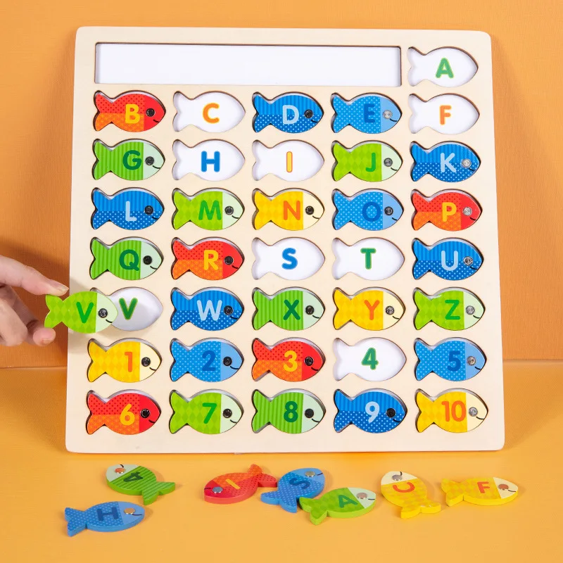 Montessori Toys Wooden Magnetic Letter Cognition Fishing Game Color Pairing  Puzzle Board Early Educational Toy For Children Kids