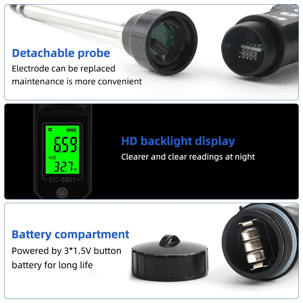 Soil EC Tester 0.00~10.00mS/cm Conductivity Soil EC PH Meter Detachable Probe Au