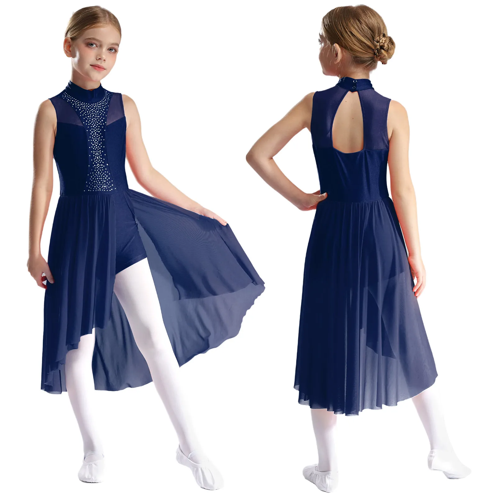 thumbnail image 1 of Disfraz de patinaje artístico para niñas, vestido de baile lírico de Ballet, vestidos con diamantes de imitación brillantes con dobladillo asimétrico dividido en la parte posterior, 1 of 5