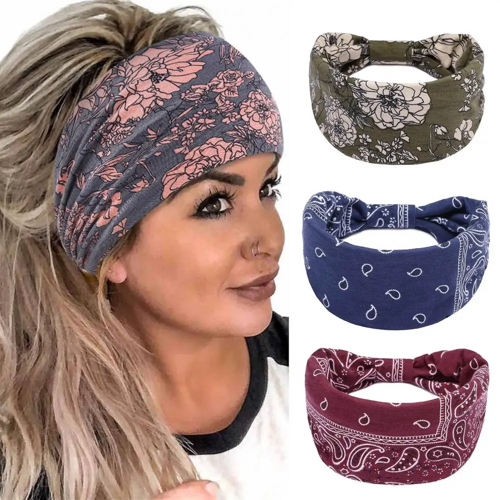 Wide High Elastic Breathable Yoga Headband Women Retro Bohemia Cashew Nut Print Knot Makeup Headband Hair Accessories Headwear