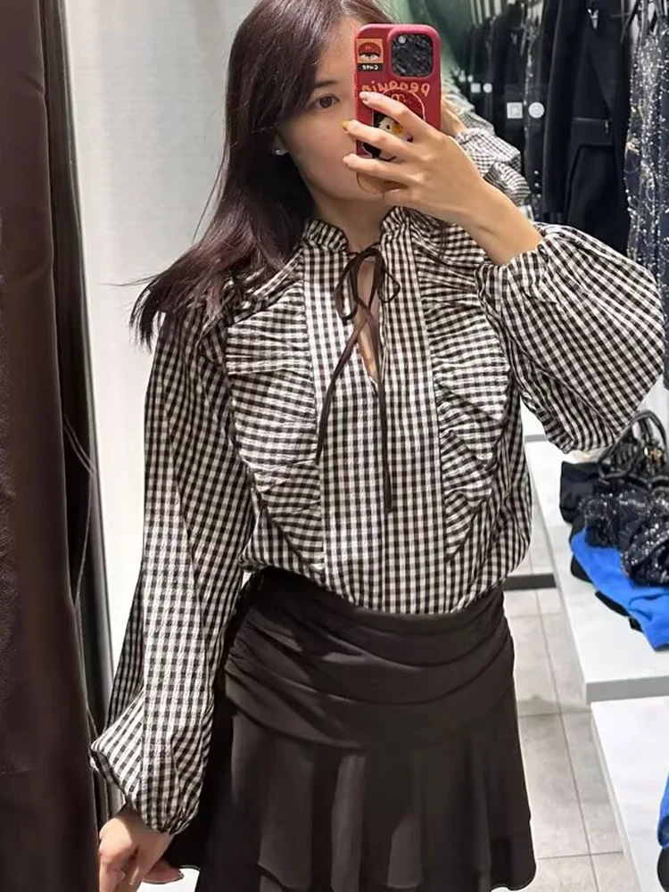 Elegant Women Fashion Plaid Ruffles Shirt Spring Ruffled Neck Long Sleeve Loose Tops Fashion Casual Pullover Women's Clothing