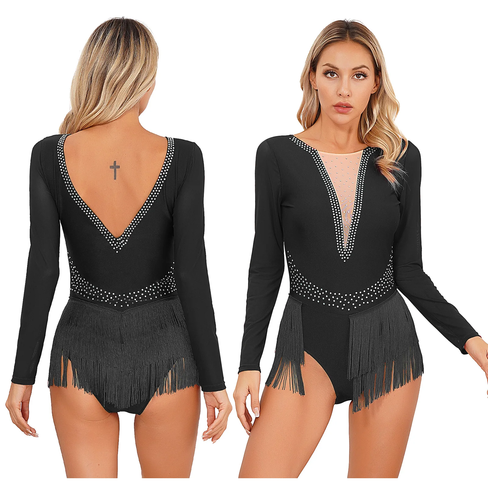 

Women Figure Skating Dance Costume Latin Tango Samba Dancewear Ballet Gymnastics Leotard Long Sleeve Rhinestones Tassel Bodysuit