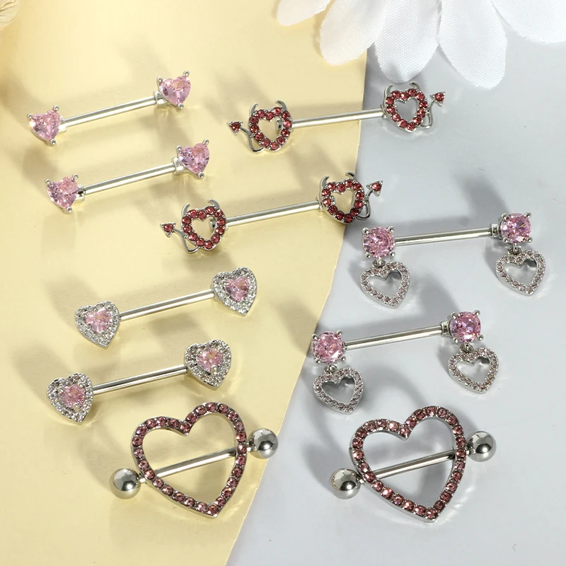 2pcs Pink  Heart Nipple Piercing Barbell Shiny Crystal Nipple Rings Bulk For Women Flower 14G Nippel Jewelry Piercing