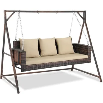 Outdoor Wicker Rattan Hanging Swing Set with Cushions, 5FT Heavy Duty 800 LBS Porch Swing for Yard, Garden, Lawn, Brown 1