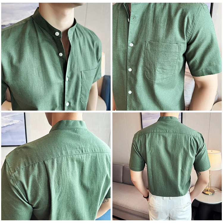 Description Picture 3 of itemSummer Linen Shirts For Men New Chinese Style Stand Collar Plain Color Short Sleeve Men's Social Shirt Slim Fit Breathable 4XL-M