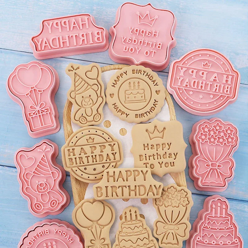 Cookie Cutter Set 8Pcs Happy Birthday Theme Cake Bear Flower Biscuit Mold Cookie Stamp Baking Pastry Bakeware for Birthday Party