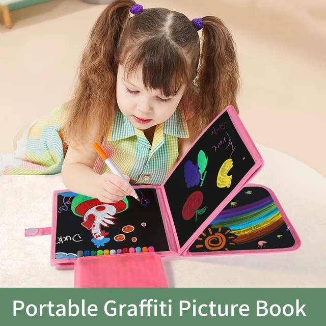 Folding blackboard drawing board for children, capable of repeatedly scrubbing drawing and writing books (with 12 color pen) 3