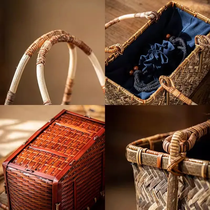 Japanese-Style Bamboo Woven Storage Bags, Handmade Retro Basket, Chinese Style Teacup Teapot Bags, Travel and Outdoor Tea Cozies
