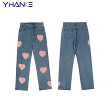 

Fashionable Men's High Street Hip Hop Pants Loose Love Printed Jeans Men's Straight Leg Pants Street Men's Wear брюки мужские