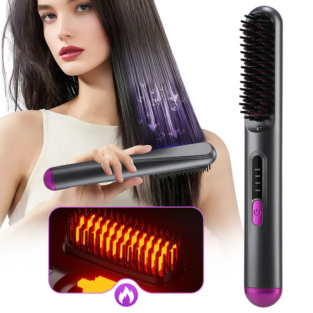 Professional Hair Straightener Brush 4 Levels Temperature Adjustable Cordless Portable Fast Heating Hairstyle Hair Straight Comb