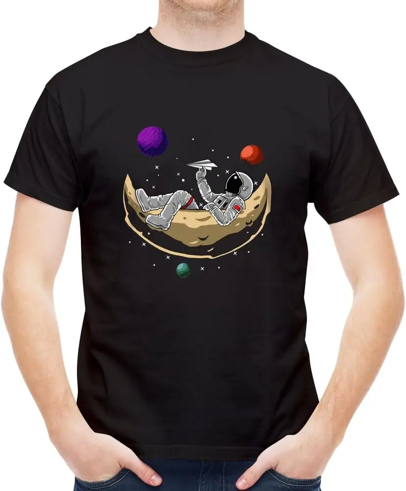 

Men's Short T-Shirt, Astronaut and The Moon Graphic Cotton Tees for Men, Crewneck Tees Black