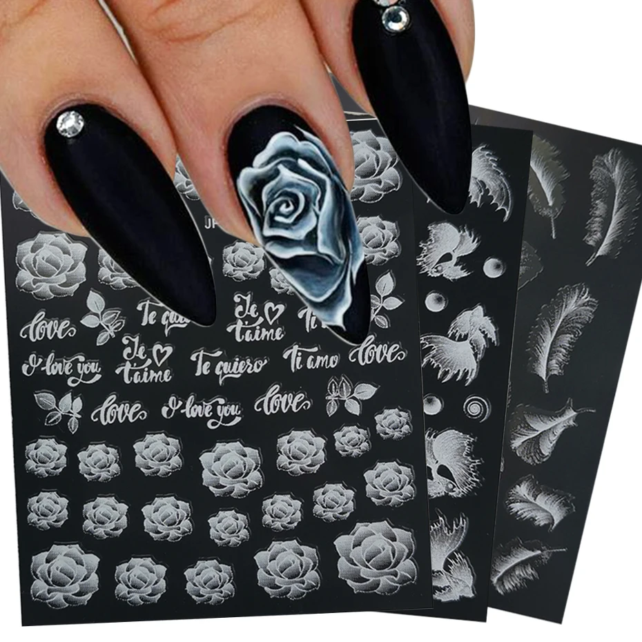 5D Nail Sticker Rose Feather Engraved Embosse Design Transfer Decals Slider Wraps DIY Nail Art Decoration GLJP1019-JP1036 nail stickers nail art decoration nail decals