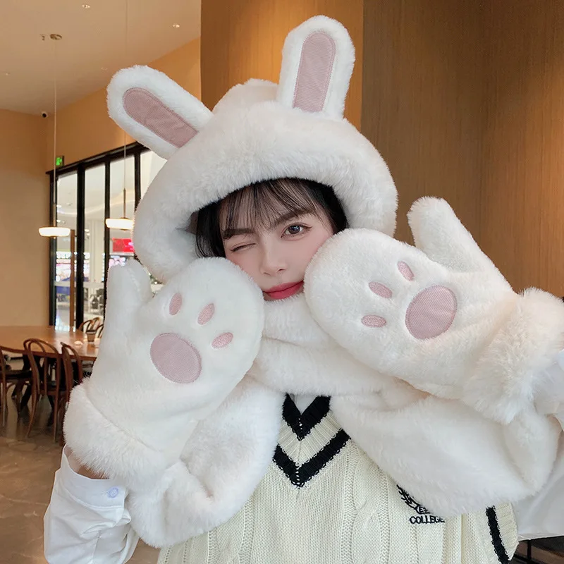 

2023 Fashion Winter Women Novelty Beanies Caps Warm Cute Rabbit Ear Hat Casual Plush Hat Scarf Set Casual Solid Women Cap Gift