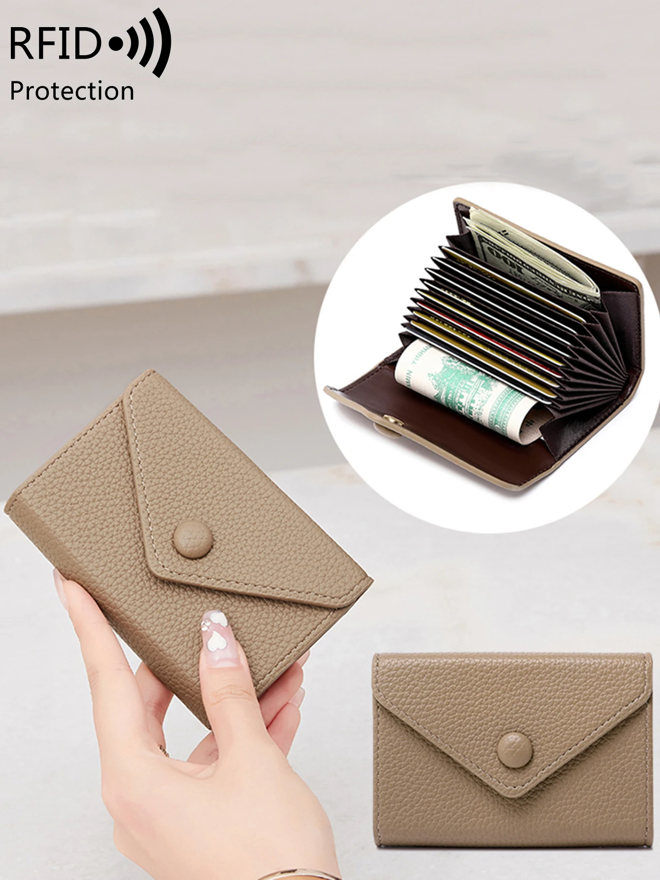 RFID Anti-Theft Brush Lychee Embossed Multi Card Slot Women's Card Bag Portable Wallet Multifunctional Credit Card/Currency/Card