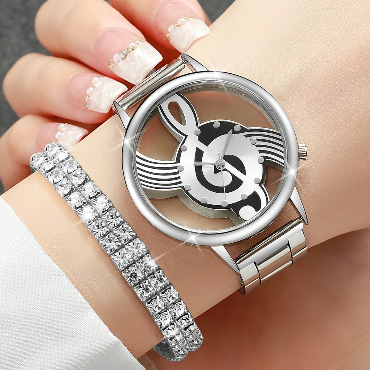 2pcs/set Women Stainless Steel Musical Note Quartz Watch with Diamond Bracelet
