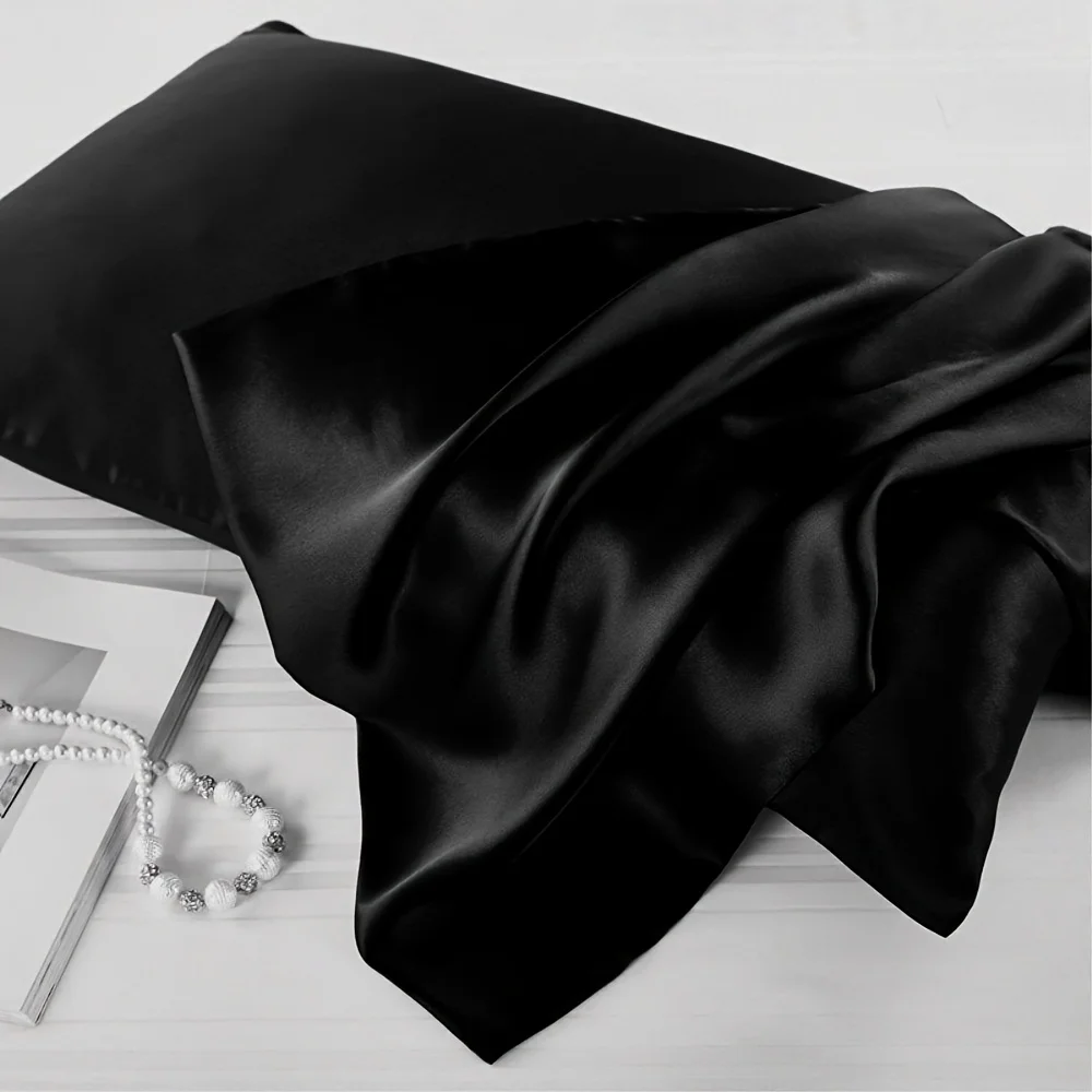 Luxurious Black Silk and Satin Pillowcases - Set of Two, Standard & Large Sizes, Ultra-Soft