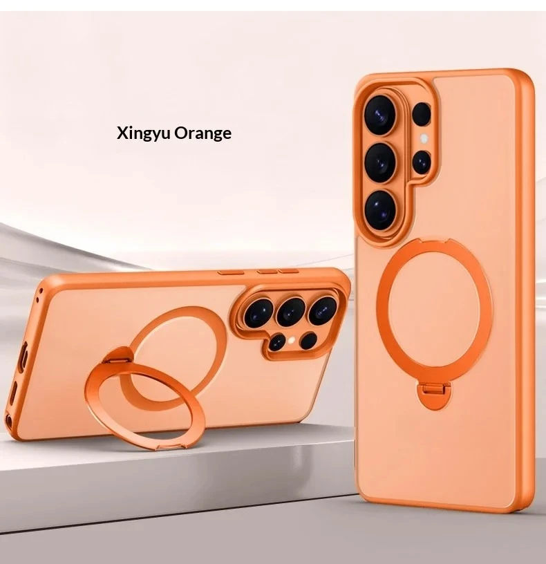 Magnetic Matte Phone Case with Metal Ring Stand Holder and Contrast Color Frosted Cover