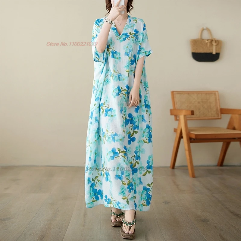 

2024 chinese traditional hanfu dress national flower print maxi dress beach bohemian dress oriental v-neck loose folk long dress