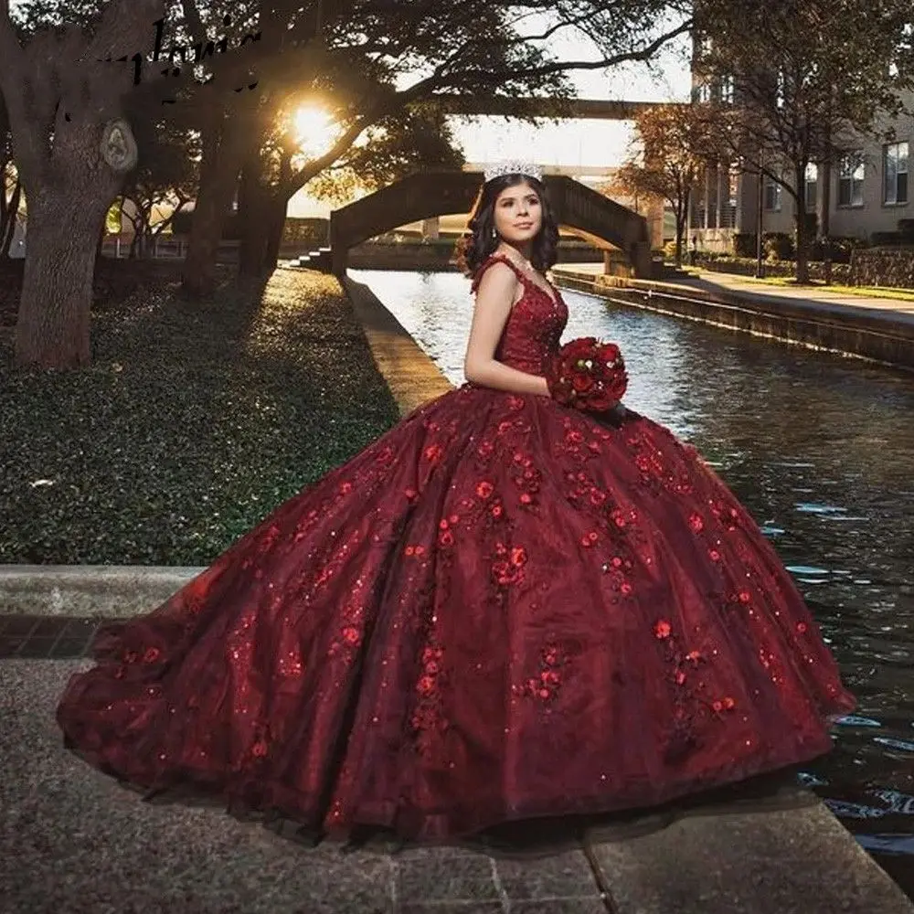 

Burgundy Ball Gown Quinceanera Dress Floral 3D Flower Applique Sequins Beads Corset Sweet 16 Vestidos De XV Anos YQD379