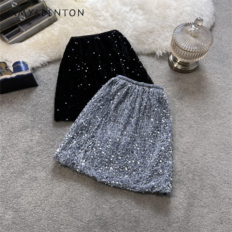 Spring Summer Black Heavy Embroidery Sequins Skirt Women's Hot Girl Hip Skirt High Waist Slimming A-line Mini Skirts 2 Colors нож брелок victorinox classic sd colors 58 мм 7 функций sky high