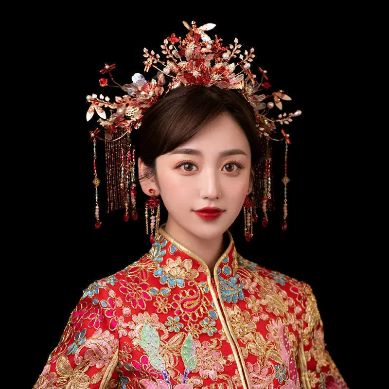 

Bride Headband Crown Wedding Hair Accessories Long Tassel Jewelry Sets Retro Tiara Earrings for Women Hanfu Style Gifts Wedding