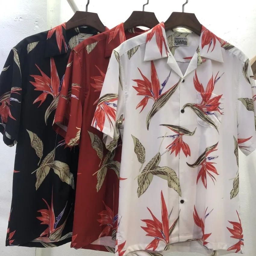 2023 Summer WACKO MARIA Printed Men's and Women's Red Black Casual Hawaiian Short Sleeve Shirt